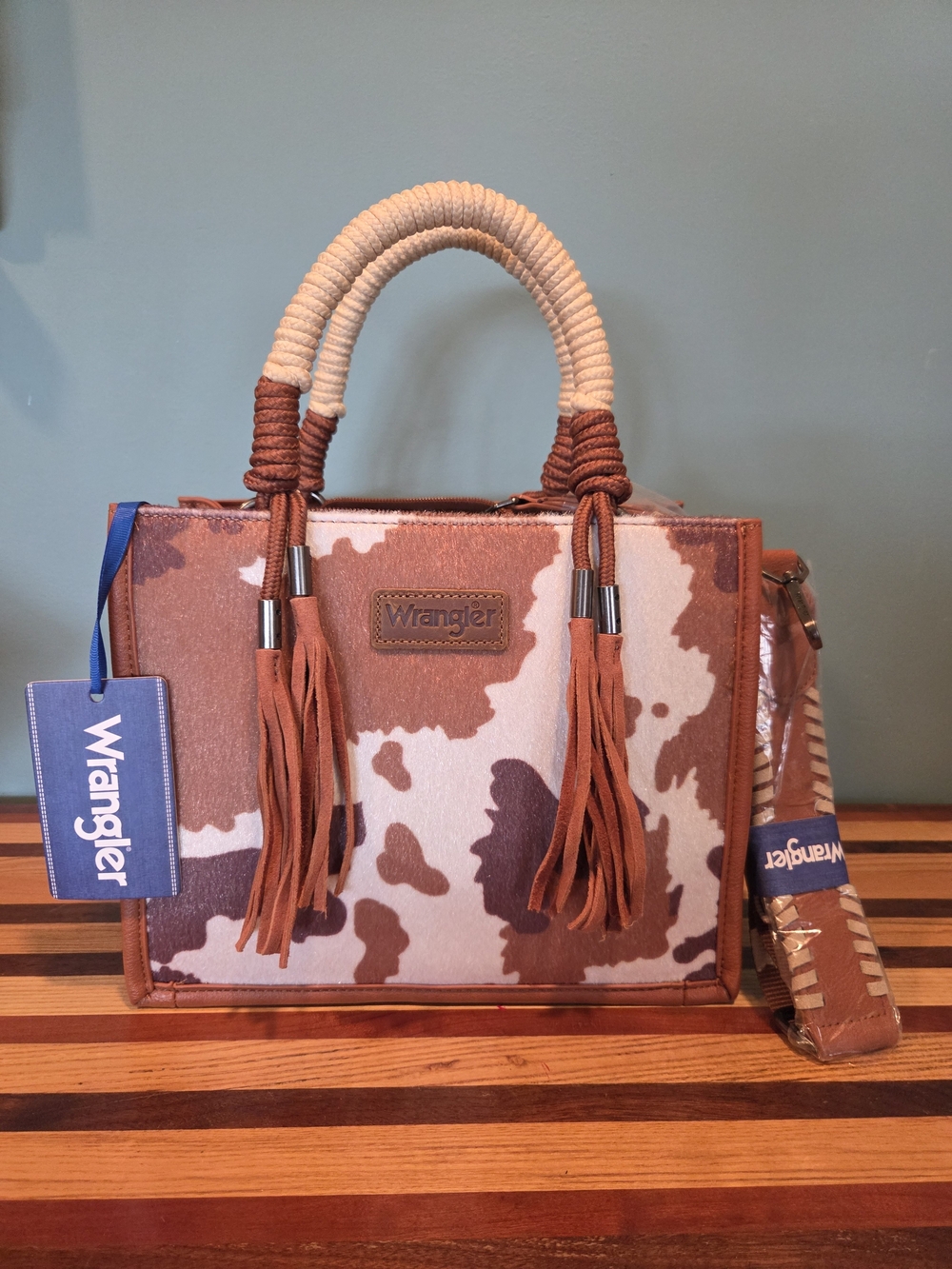 Wrangler Cowhide-Print Satchel in Brown and Cream with Tassel Handles